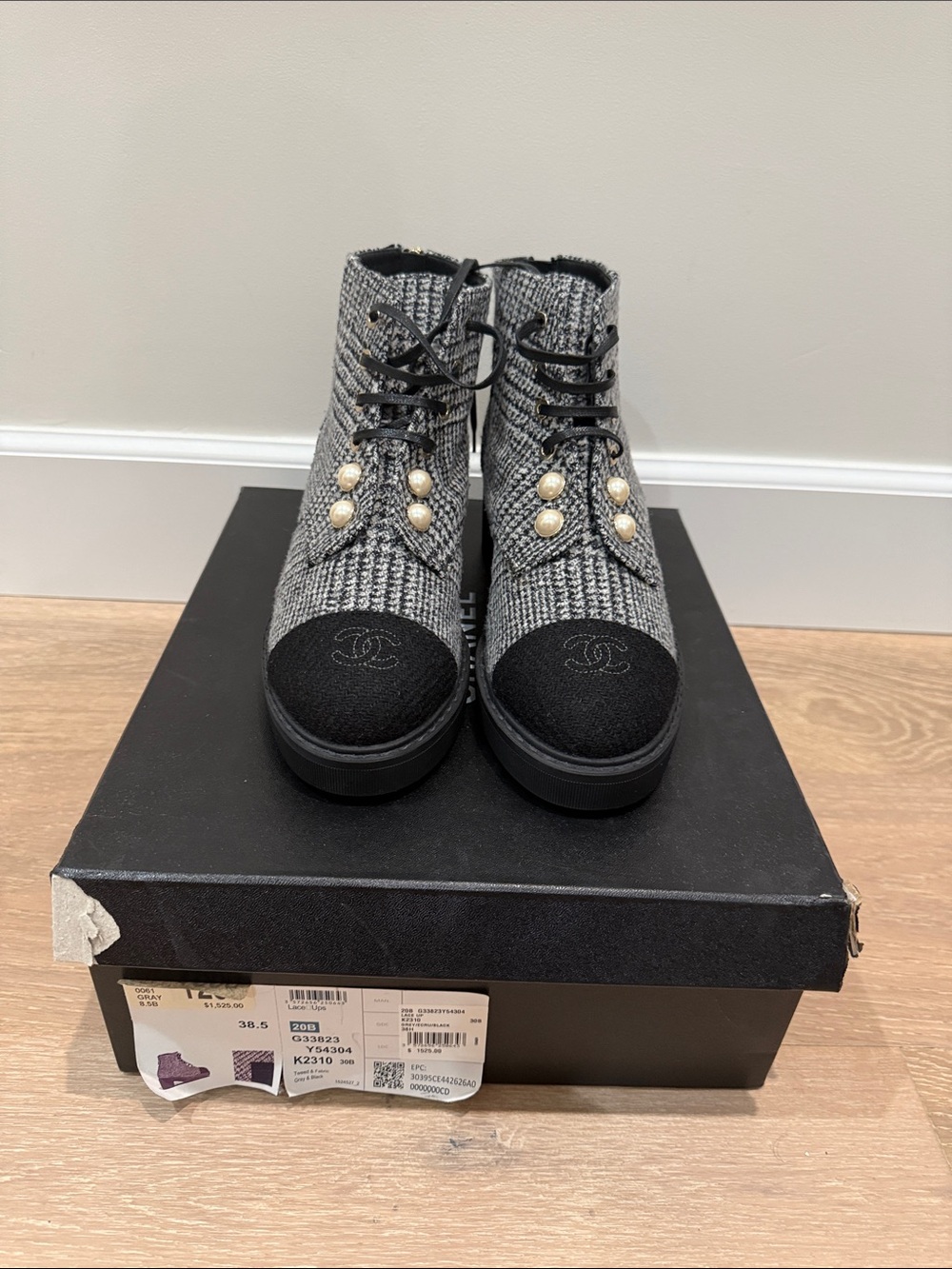Brand new authentic Gray Tweed Pearl-Button Lace-Up Boots with Black Cap Toe